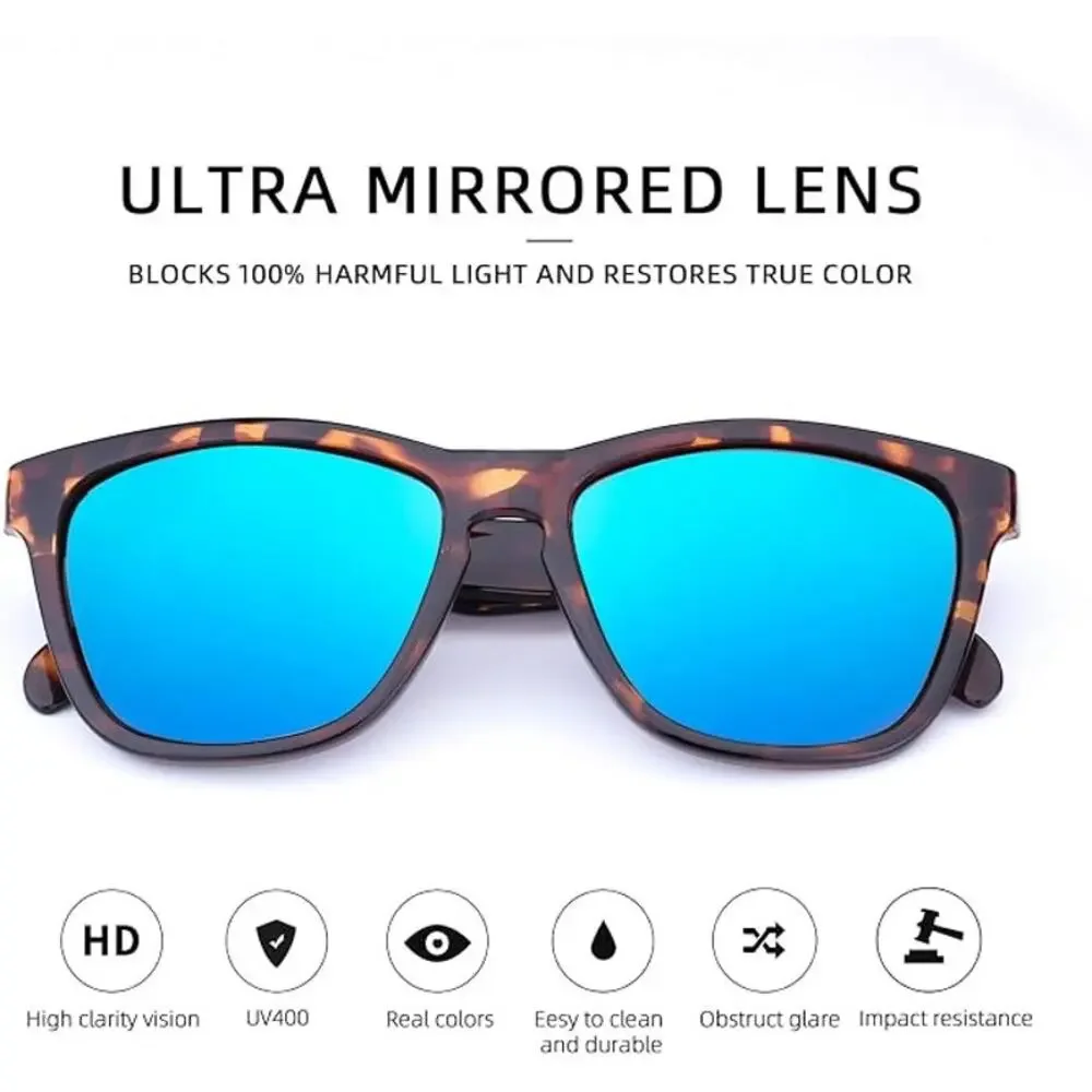 Women's Sunglasses, Square Frame UV400-Tortoise w/ Blue Mirrored Lens